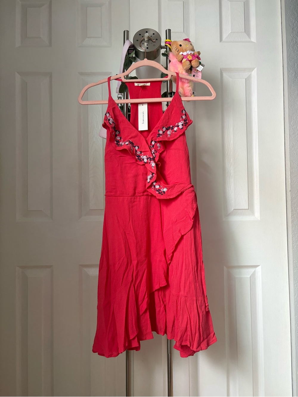 Women’s Bright Pink Ruffle Sundress with Floral Trim